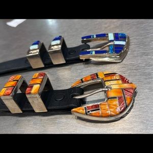 Native American Navajo handmade inlaid range set belt buckles